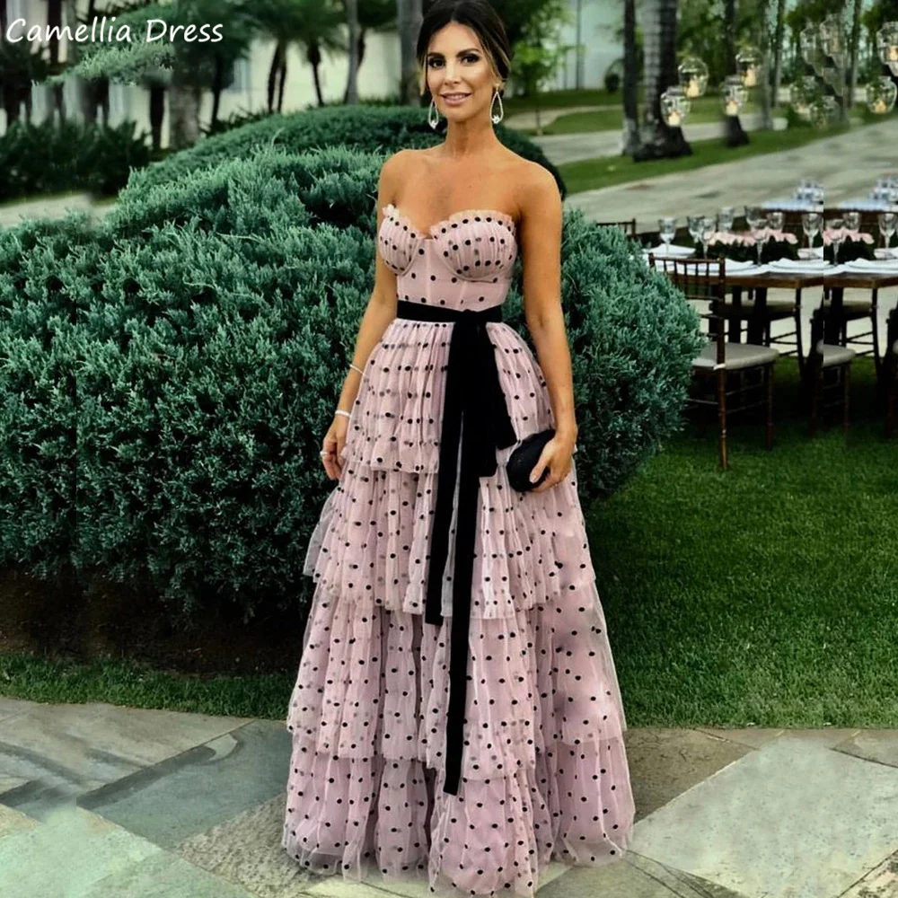 Pink Prom Dresses Long Black Dot Sweetheart Strapless Tiered Evening Dresses Black  Evening Gown Vestidos De Cóctel فستان سهرة