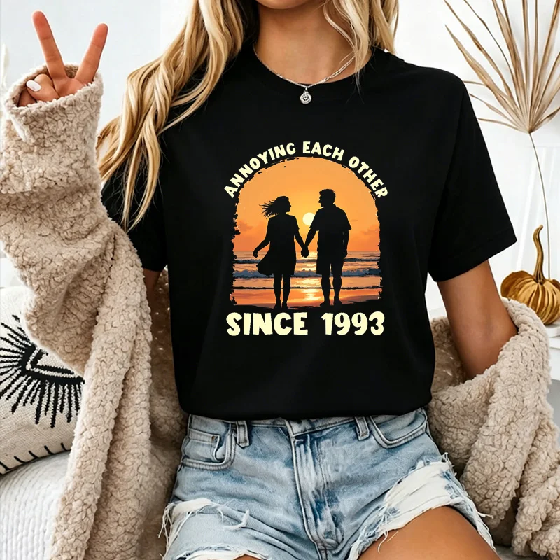 Annoying Each Other Since 1993 Vintage Beach Sunset Couple Silhouette Graphic T Shirt Unisex Wedding Anniversary Casual Gift Tee