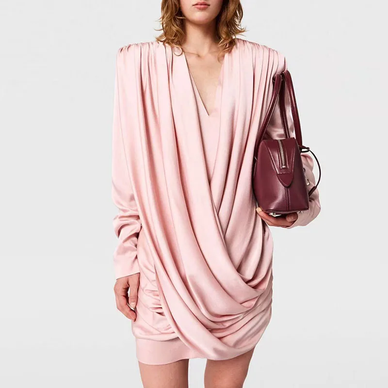 Satin Cross V Neck Women's Dress Autumn Sweet Elegant Long Sleeved Party Mini Dress 2025 Fashion Temperament Pink Short Dresses