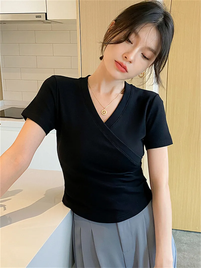 Summer Knitted Cotton Feminine Design Sense Unique Cross Chest V-neck Tops Tight Fitting Basics Solid Chic Ladies Blouses