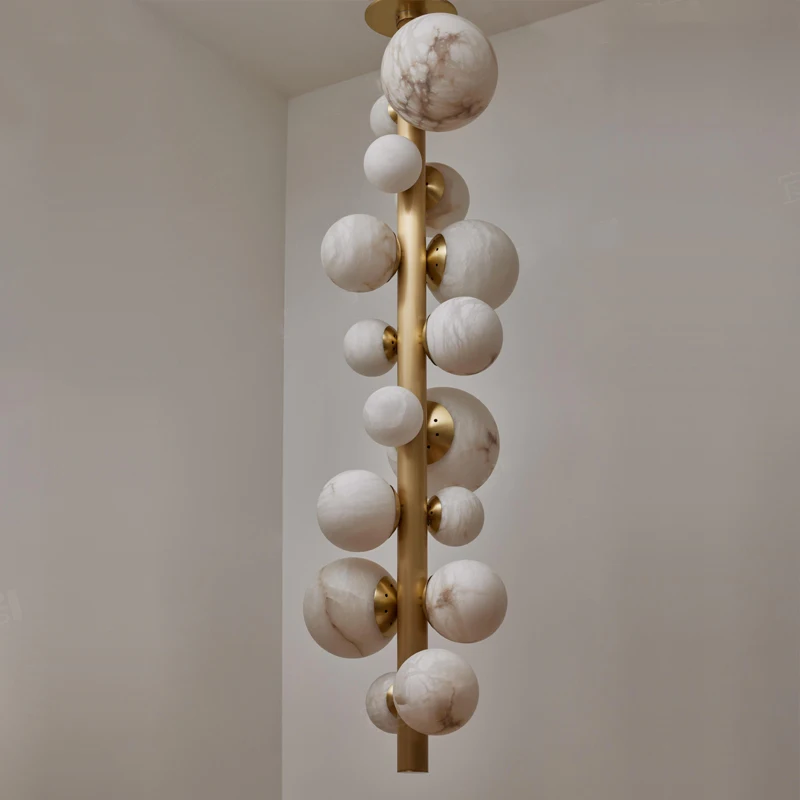 Spanish Marble Chandelier Bauhaus Dining Room Hotel Lobby Corridor Modern Round Ball Grape Pendant Light Marble Lampshade