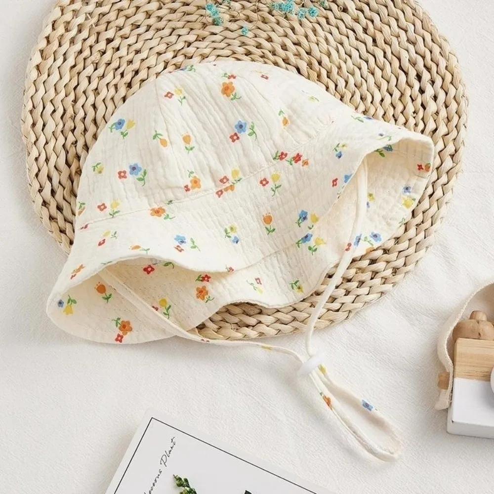 

Soft Cotton Infant Bucket Hat Flower Wide Brim Sunhat Love Heart with Strap Children's Fisherman Hat Girls