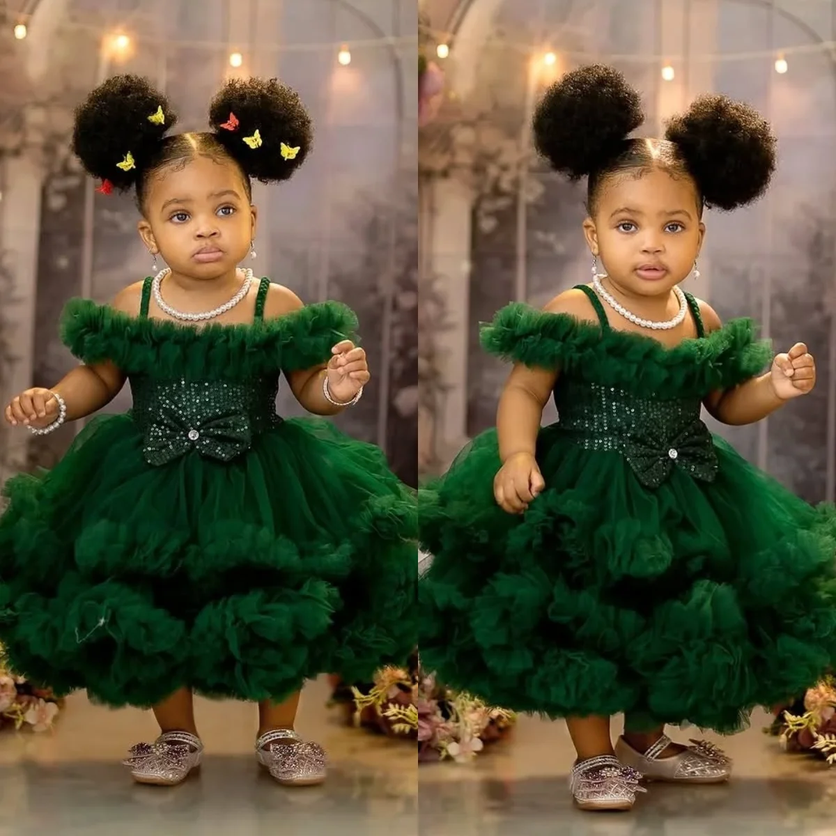 

Customized Green Flower Girl Dresses Ruffles Sequined Flowergirl Dress Birthday Party Gowns Knee Length for Photoshoot