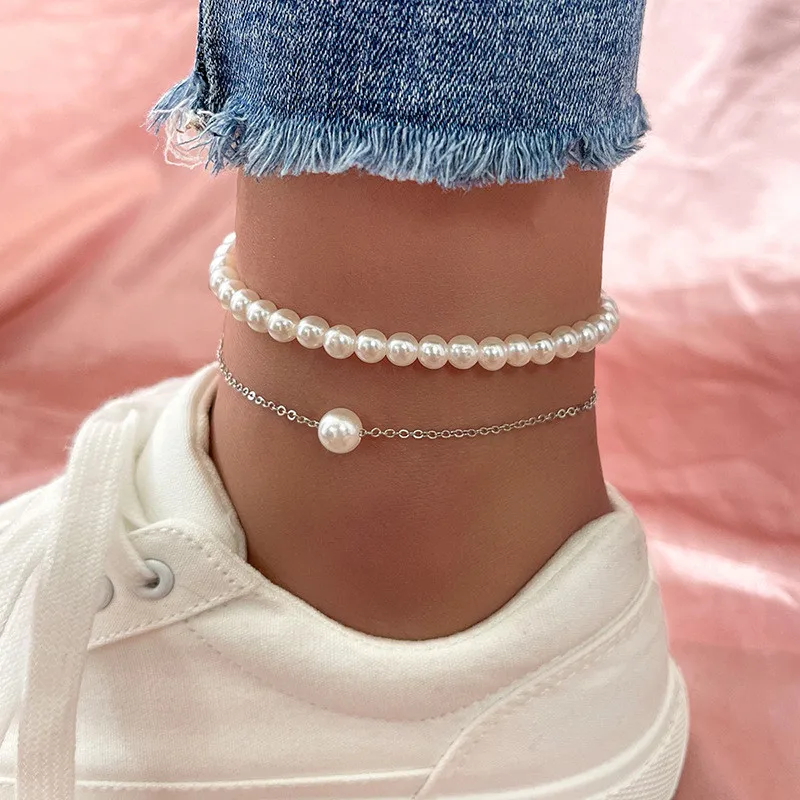 VAGZEB Fashion Pearl Anklet Women Ankle Bracelet Beach Imitation Pearl Barefoot Sandal Anklet Chain Foot Jewelry