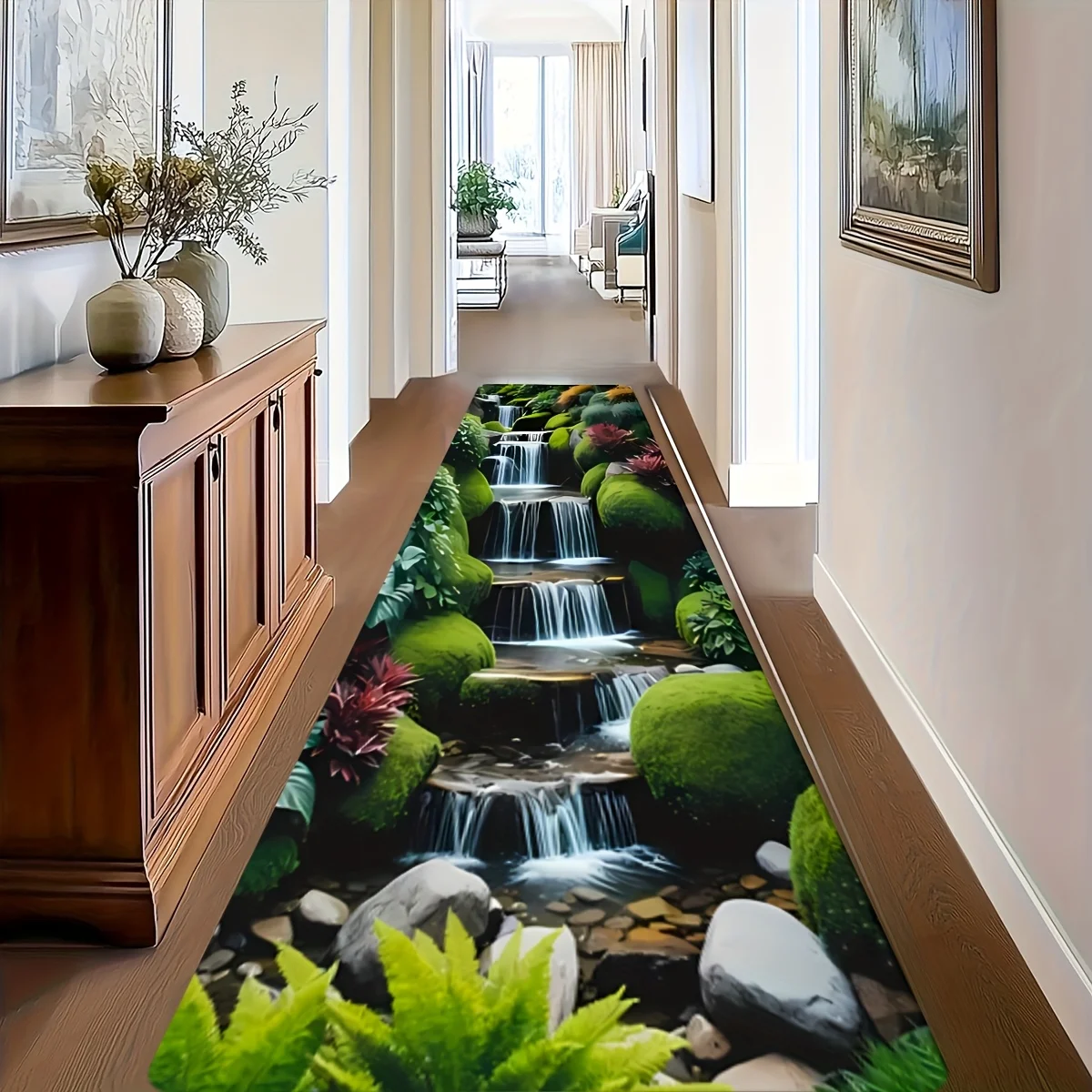 3D Forest Stream Long Runner Rug, Nature Waterfall Scenery Non-Slip Floor Mat for Living Room Bedroom, Washable Botanical Decor