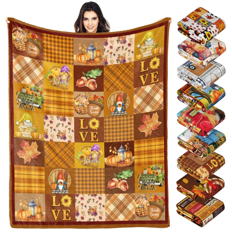 

Thanksgiving Pumpkin Blanket Gift Children Adult Family Autumn Maple Leaf Decorative Flannel