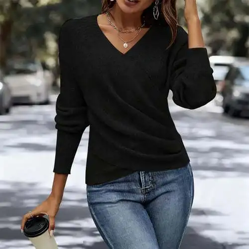 Women's Glitter Wrap Knit Sweater, V Neck Ruched Long Sleeve Slim Fit Top, Elegant Casual Blouse