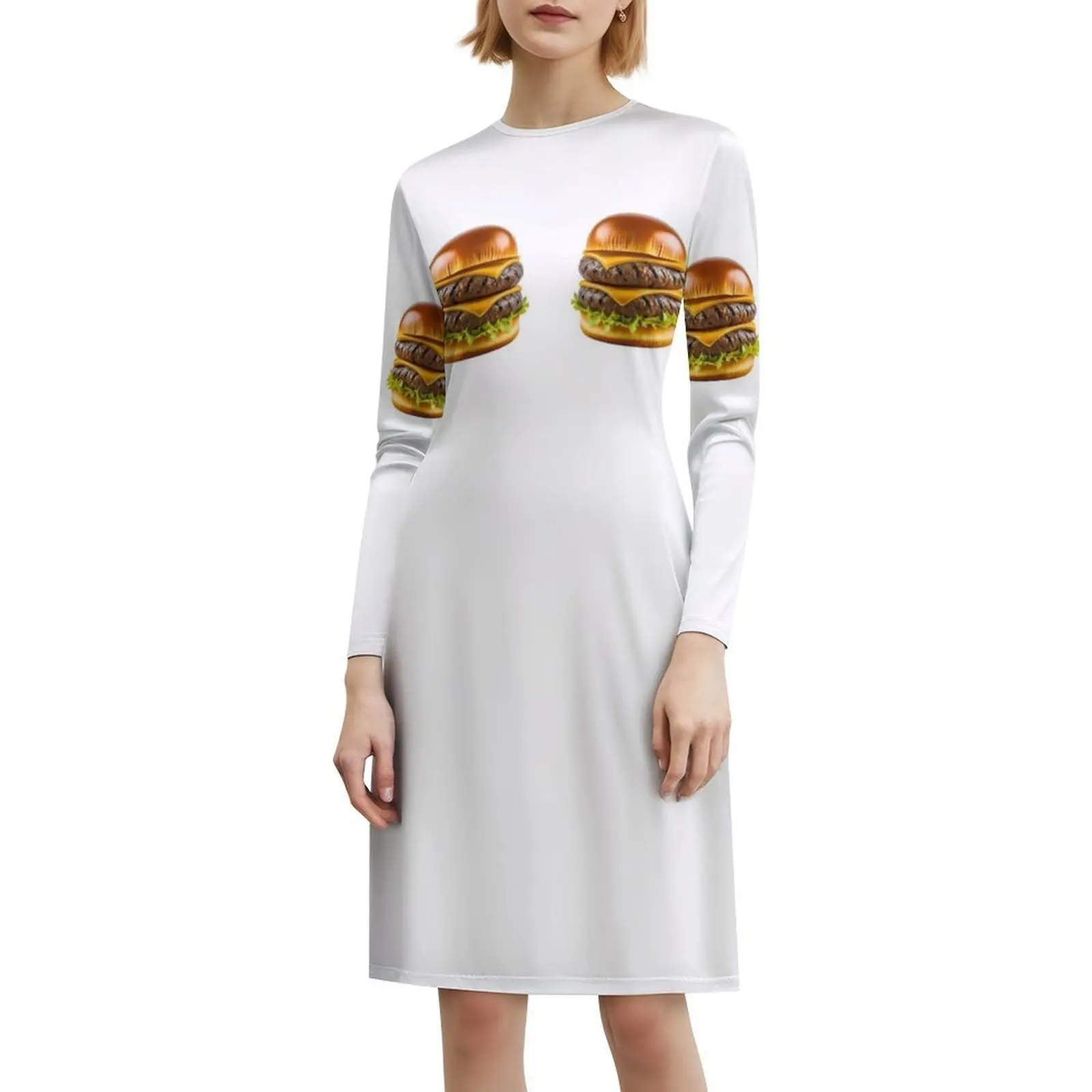 Double Layer Beef And Cheese Burger Bohemian Sleeveless Dress Multi-Print Beach Vacation Party Dress Beef Cheese Burger Food