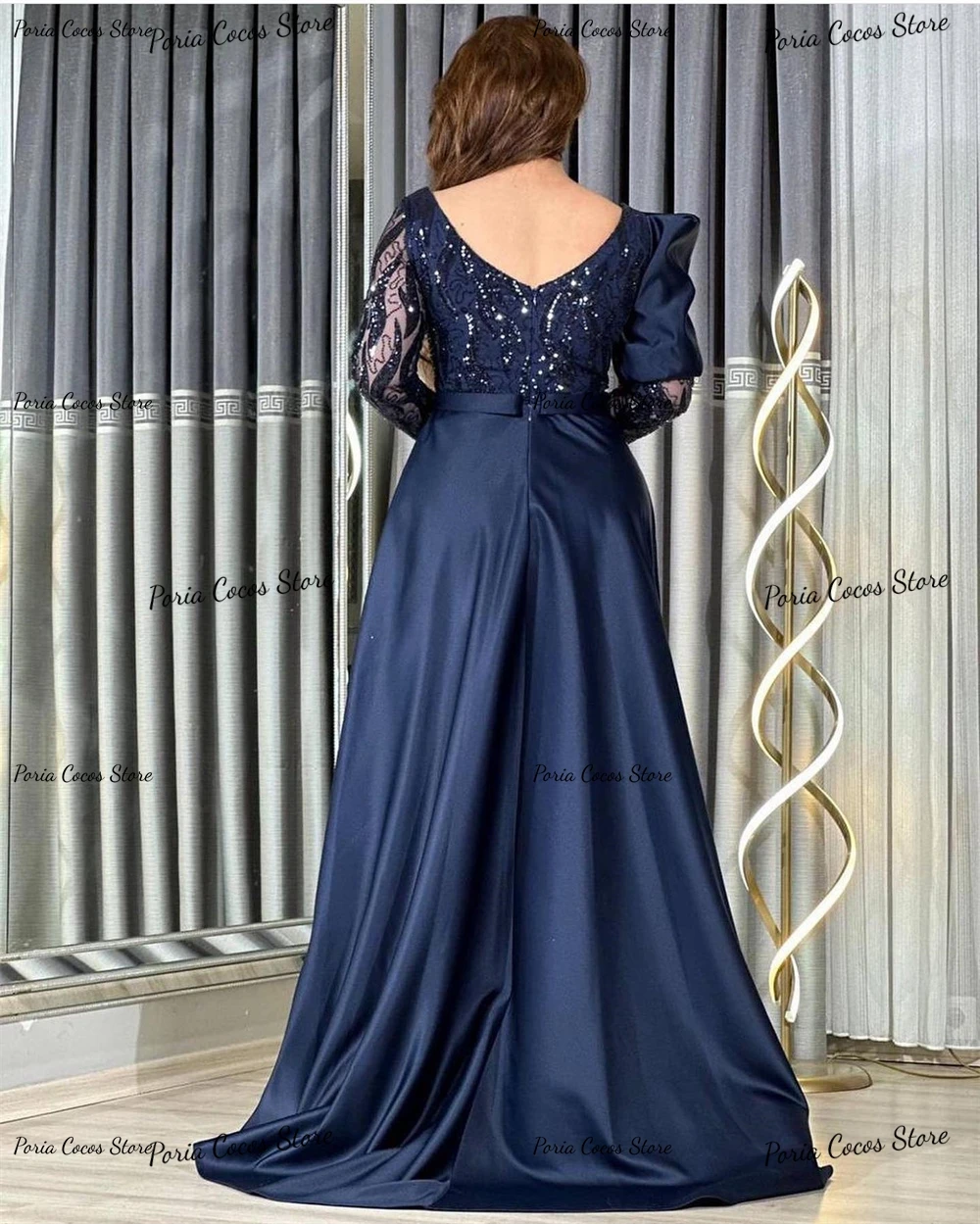 Customized Temperament Long Sleeve Patchwork Satin Backless A-line Evening Dresses Lace Banquet Dress Prom Gown فساتين للحفلات ا