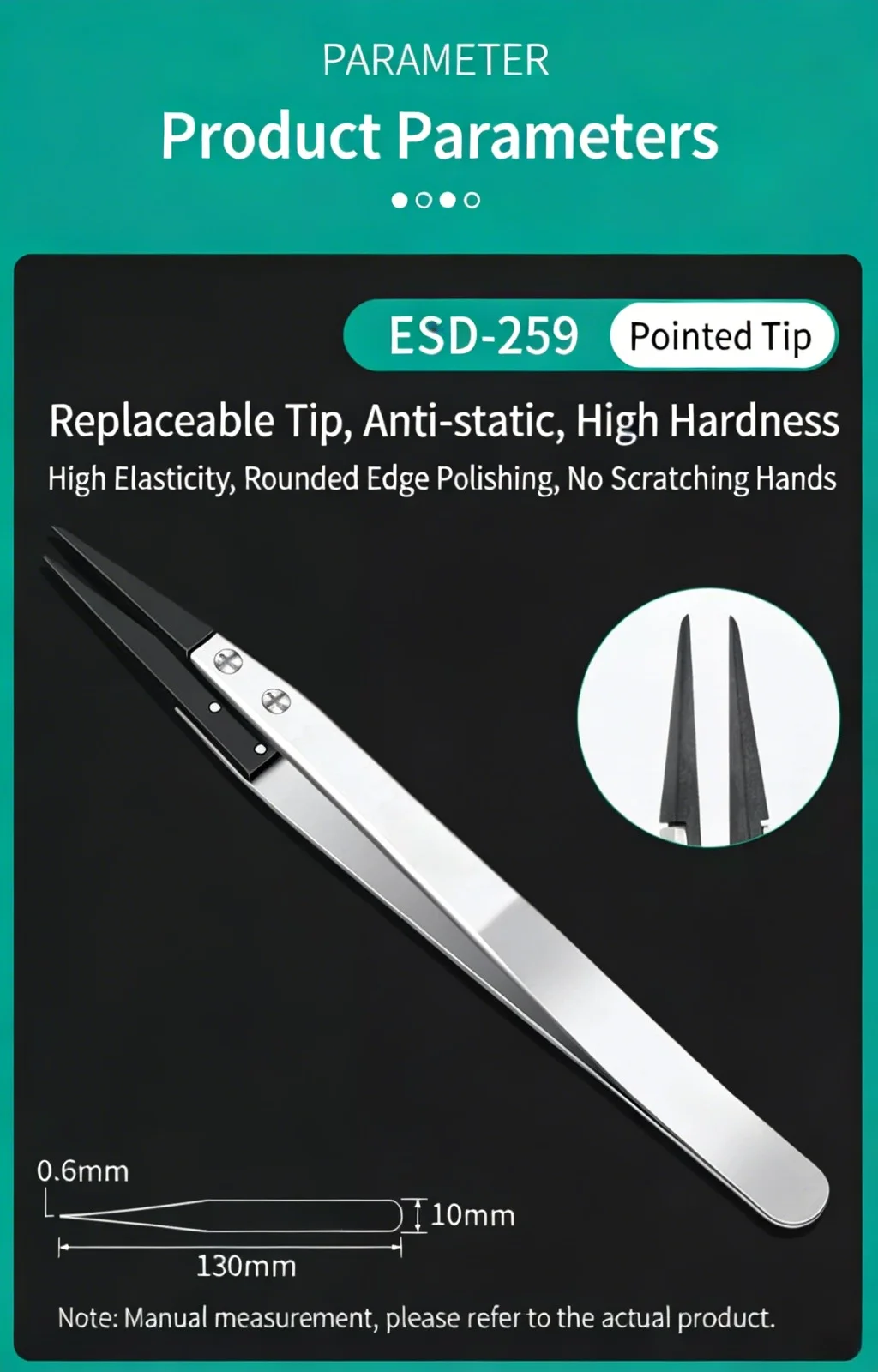 ESD-sichere Präzisionspinzetten, antistatische Spitzen aus robustem Metall für die Reparatur von Elektronik und Schmuck – Detail 8