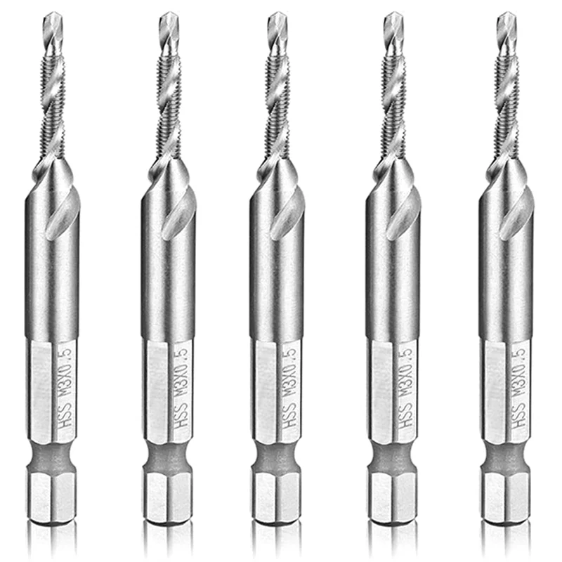 

ABUN-5 PCS M 3 X 0,5 Метрическая HSS 4341 Комбинированная дрель и метчик с шестигранной головкой 1/4 дюйма для дерева, пластика, запасные части, аксессуары