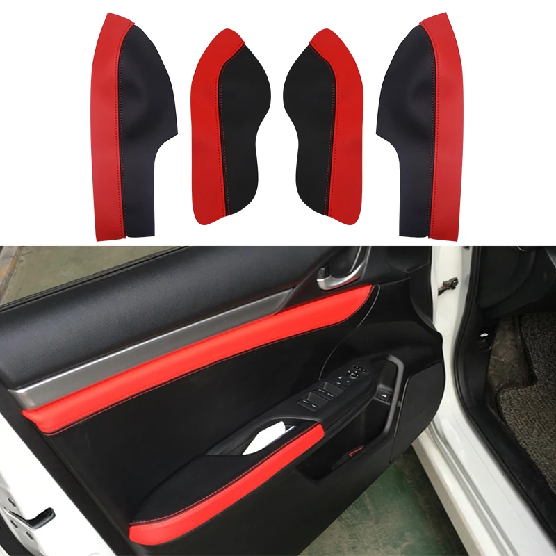 Black with Red Edge 4pcs Microfiber Leather Interior Door Handle Panel  / Door Armrest Cover For Honda Civic 10th Gen 2016 2017