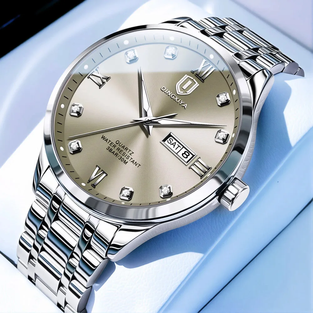 

QINGXIYA Фирменные новые модные мужские кварцевые часы из нержавеющей стали, водонепроницаемые, светящиеся, с двойным календарем, мужские часы Reloj Hombre