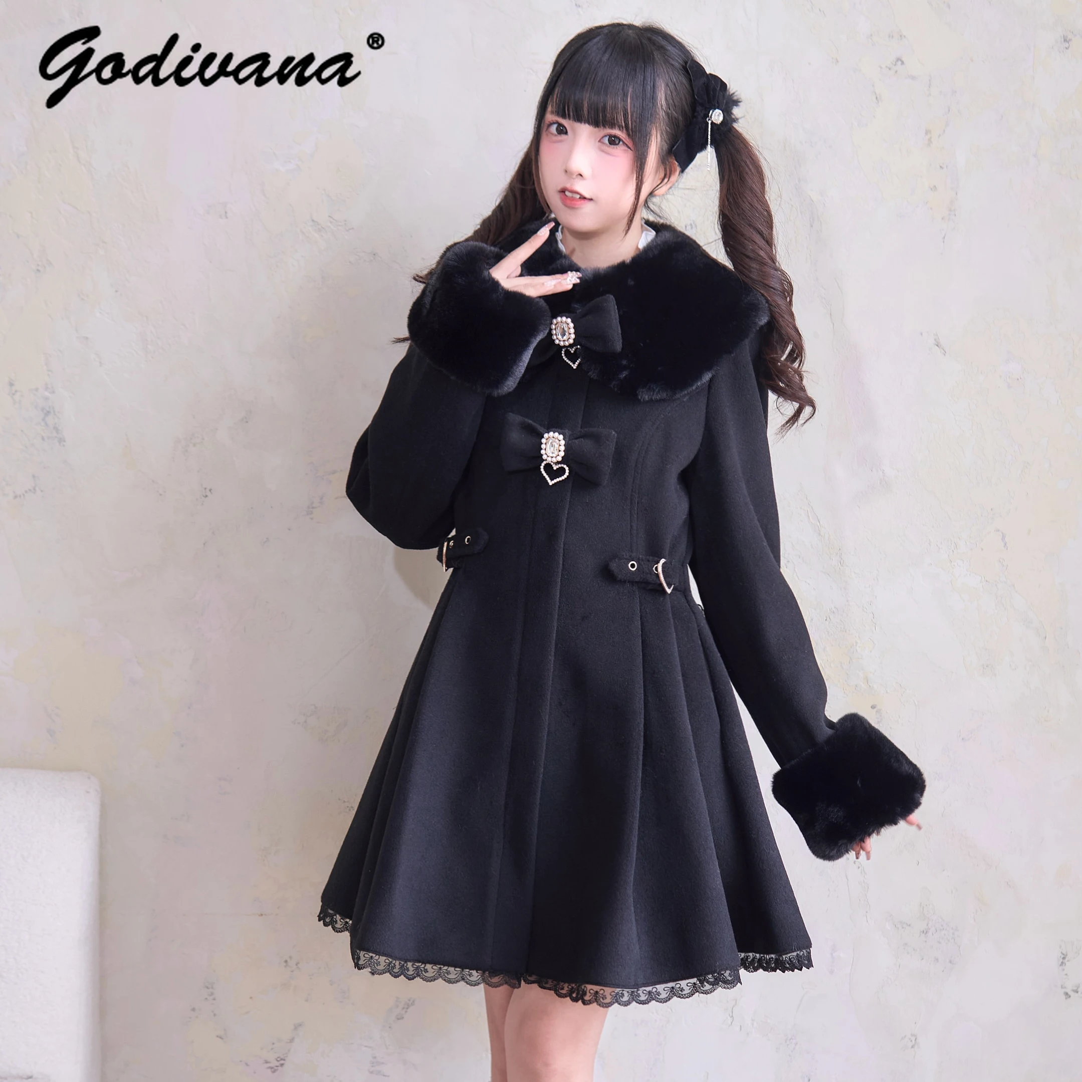 New Japanese Mine Series Mass Production Lolita Mid-length Wool Coat Cute Bow Women's Slim Winter Single-breasted Woolen Jacket