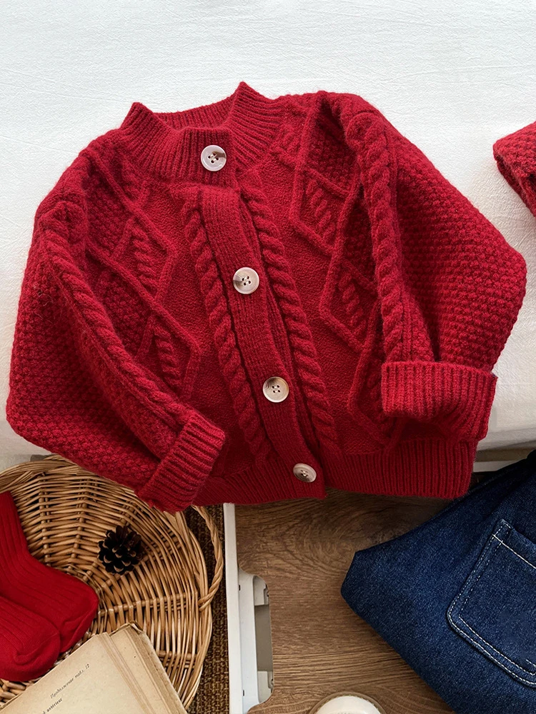 

Children's Red Cardigan Sweater Fashion Round Neck Single-breasted Thickened Knitted Top Autumn Winter Girls Sweaters