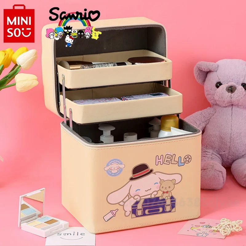 Miniso Sanrio-Bolsa de maquillaje de mano de alta calidad, caja de almacenamiento de múltiples capas de gran capacidad con dibujos animados, a la