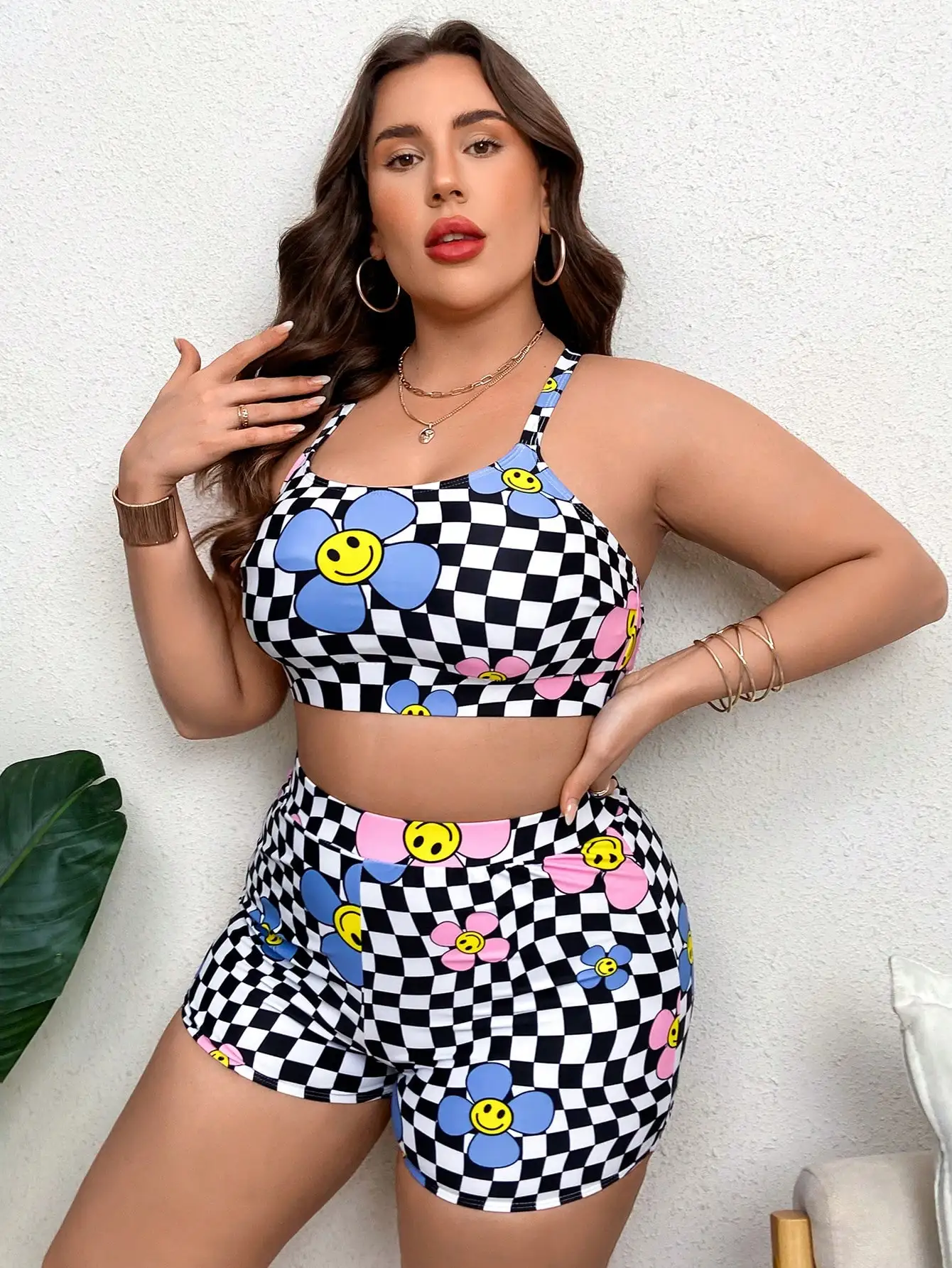 

Комплект бикини с цветочным принтом в клетку для женщин, летний пляжный купальник из двух частей для фестивалей