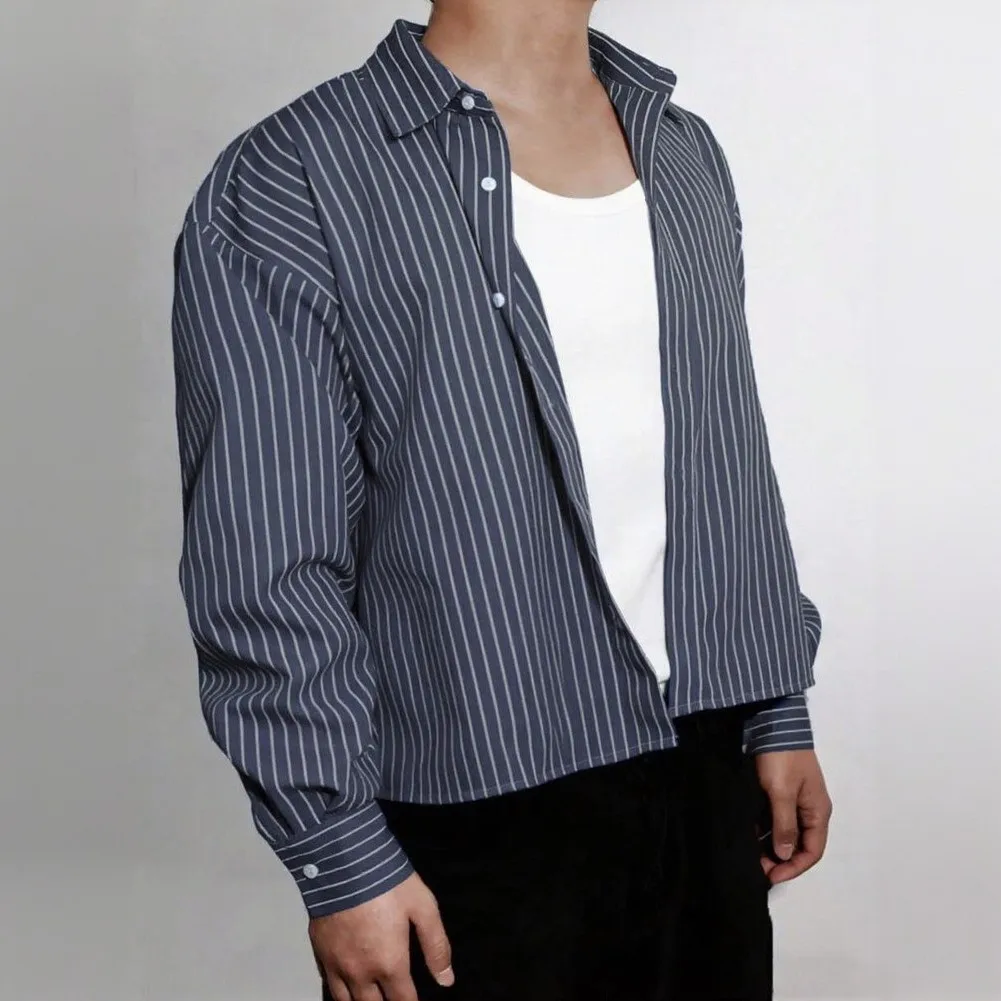 Mens Fashion Loose Style Casual Striped Cropped Shirt And Blouse Man's Lapel Collar Long Sleeved Shirts Tops