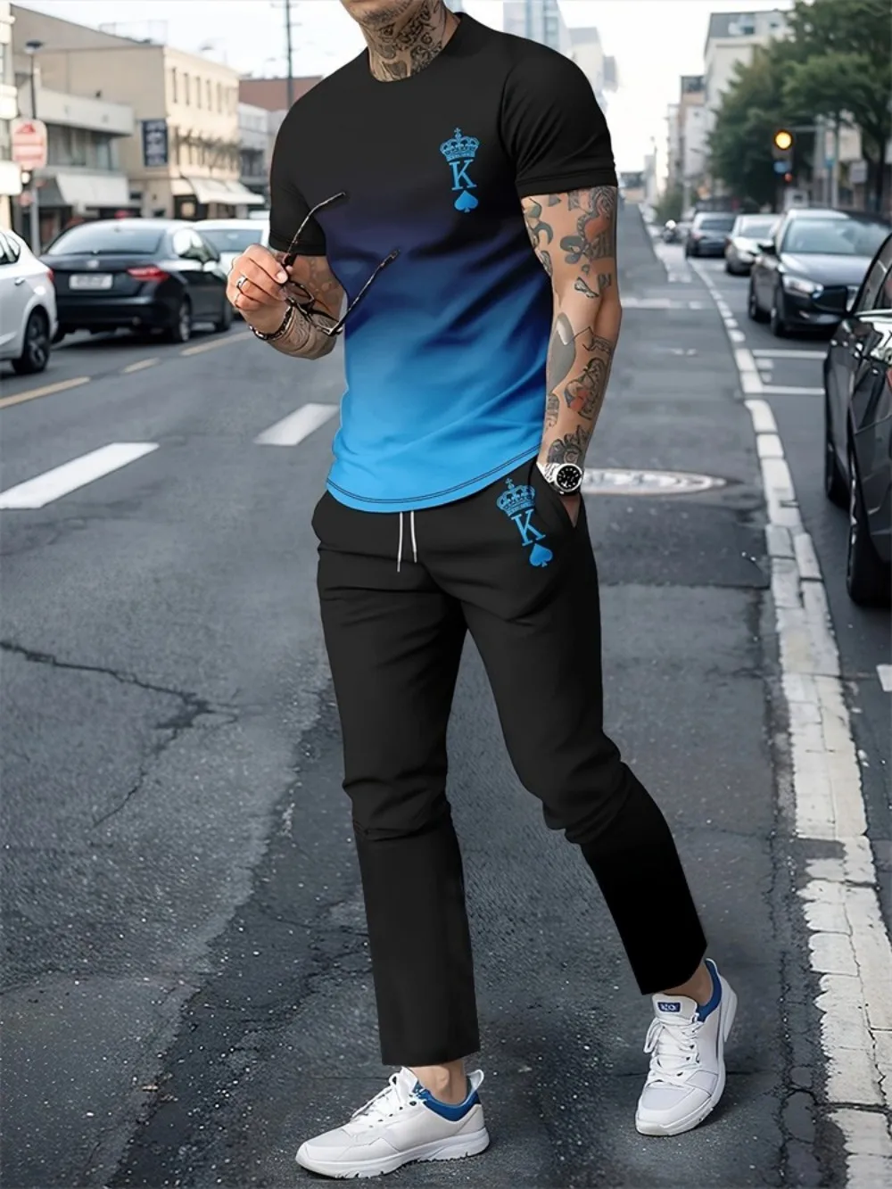 

2025 New Men's Personalized Printed Breathable and Comfortable Round Neck T-shirt and Pants Outdoor Comfortable Sports Set