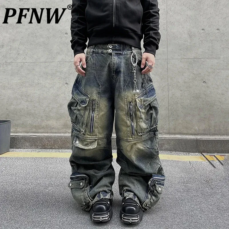 PFNW Heavy Industry Design Multi Pocket Wide Leg Jeans Unisex Vintage Washed Straight Leg Denim Cargo Pants Men Trousers 12C1792