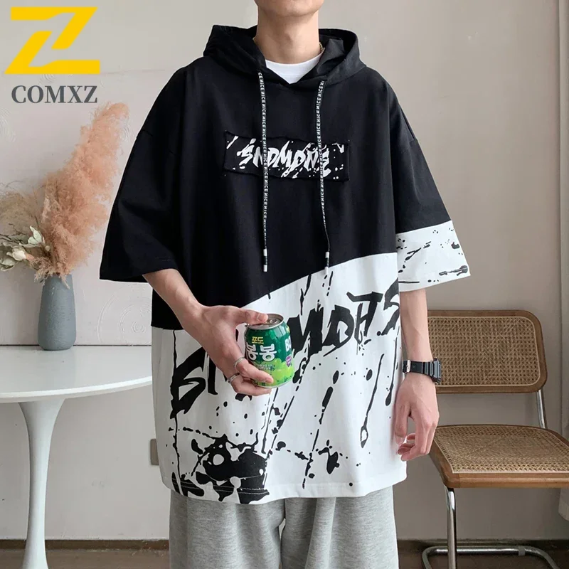 2025 Summer Men's Hooded T-shirt Casual Fashion Loose Running Fitness Sports Shirt Y2K Harajuku Street Hip Hop Men's Pullover