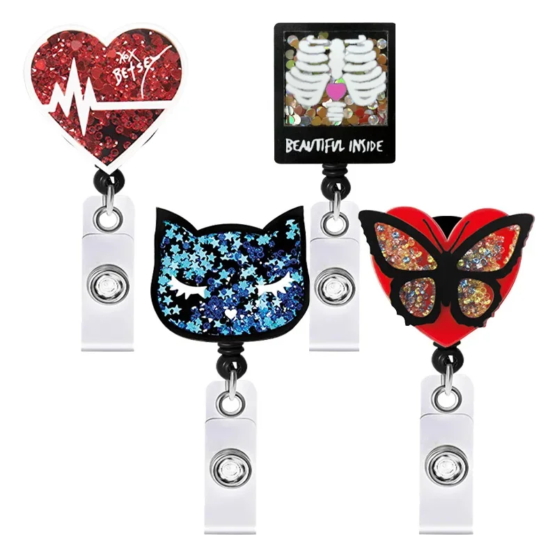 New Arrival 1 Piece Glitter Anime Cat Love Heart Butterfly Retractable Nurse Badge Reel Students ID Card Holder Keys Lanyard