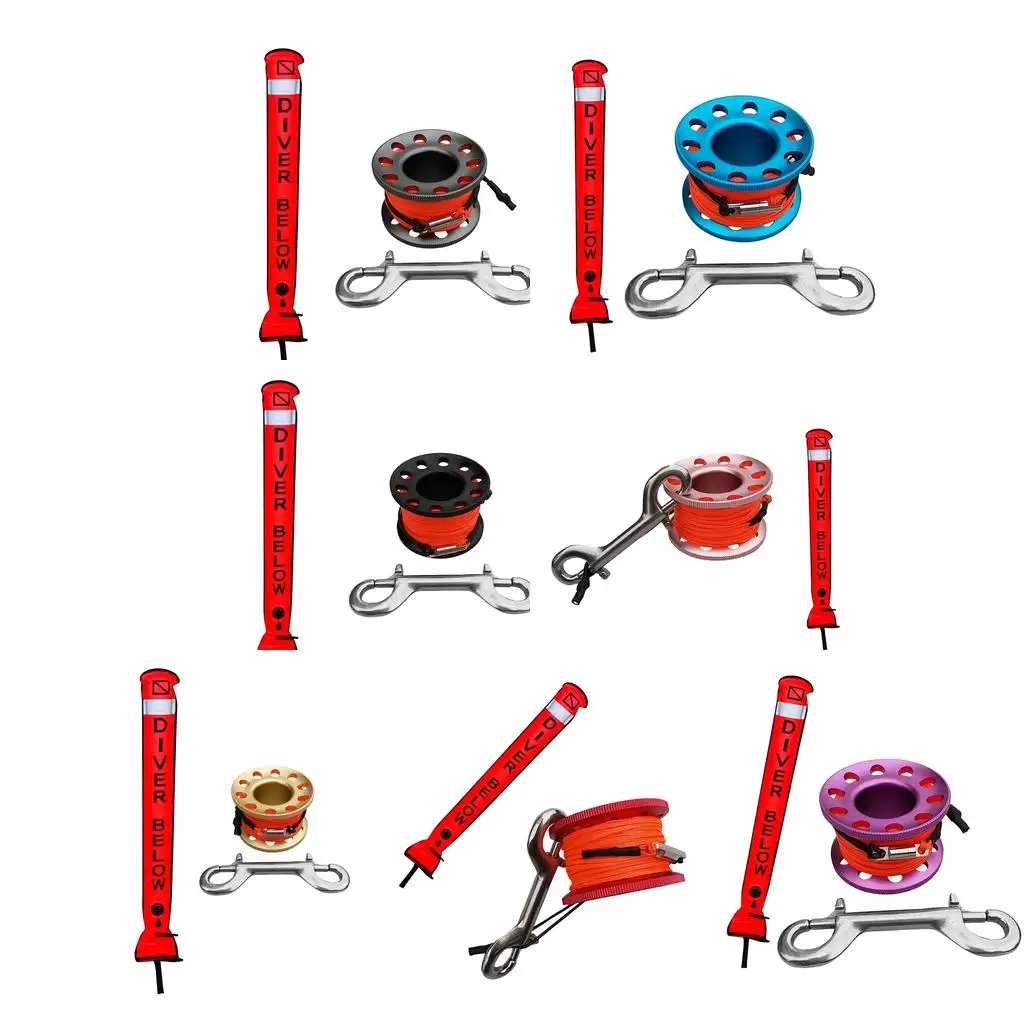 Scuba Surface Marker Buoy SMB, Inflatable Signal Tube + Diving Reel  Holder - Underwater Safety Gear Set - Choose Colors