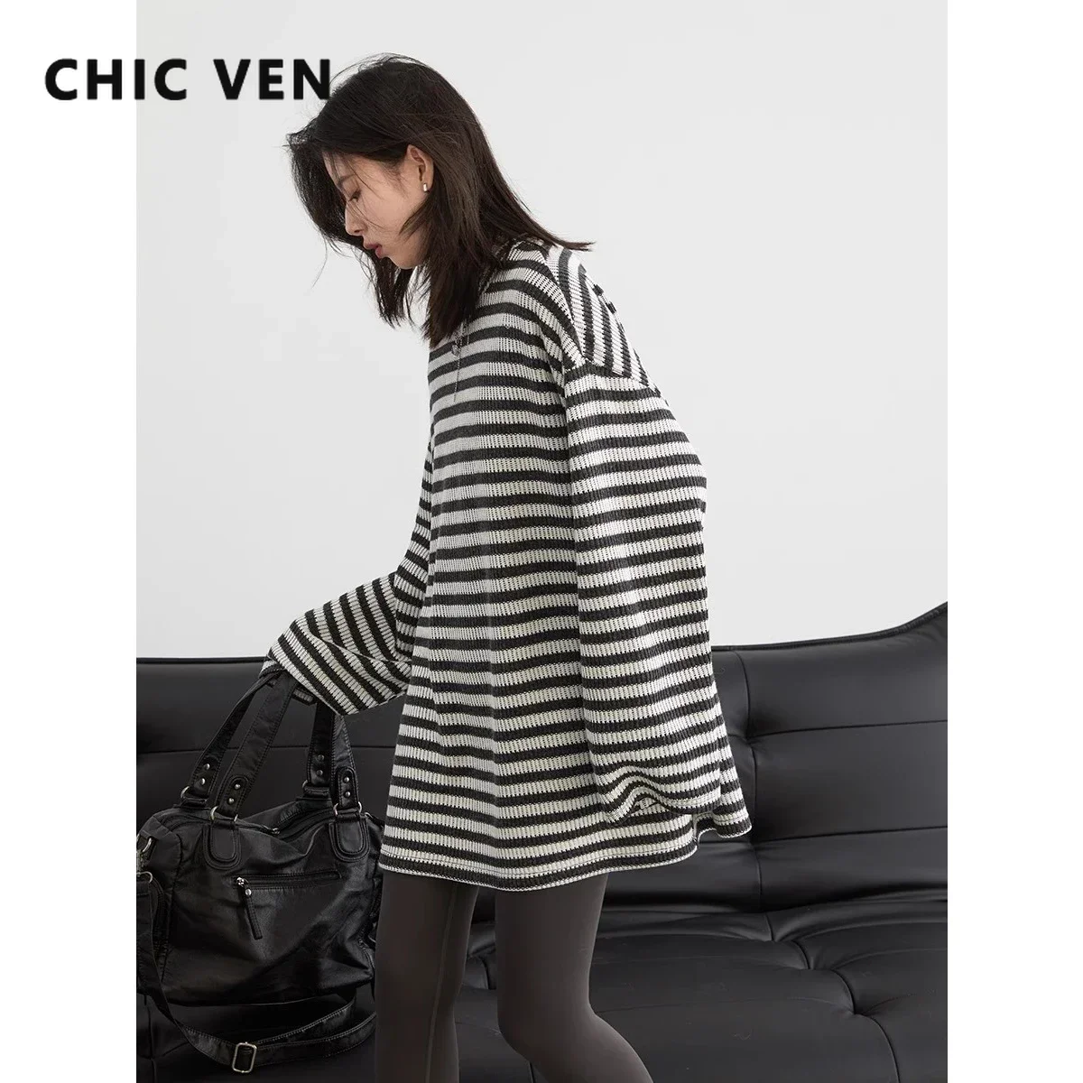 CHIC VEN Women T-Shirts Loose Casual New O Neck Knit Striped Long sleeved Female Tees Oversized Woman Top Spring Autumn 2024