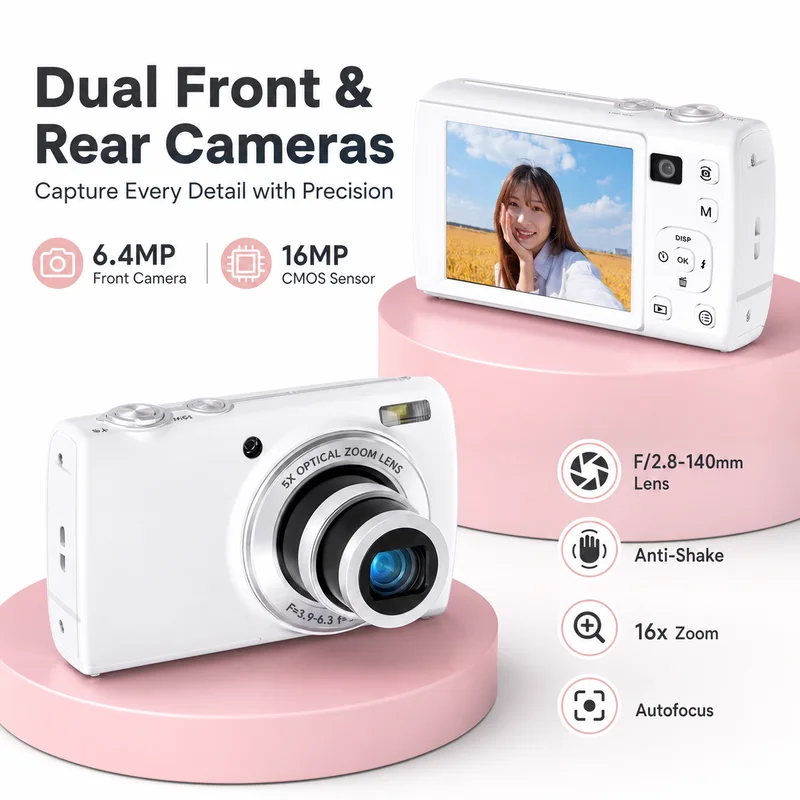 Generic Digital Camera 64MP Dual Lens 5X Optical Zoom 16X Auto Focus Anti Shake HD Selfie Camera For Home Travel Photography