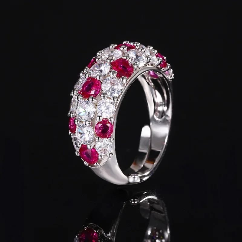 S925 Silver Plated 18K Gold Plated PT950 Platinum Blue Spinel Red Corundum Ring Retro Style Diamond Row Ring