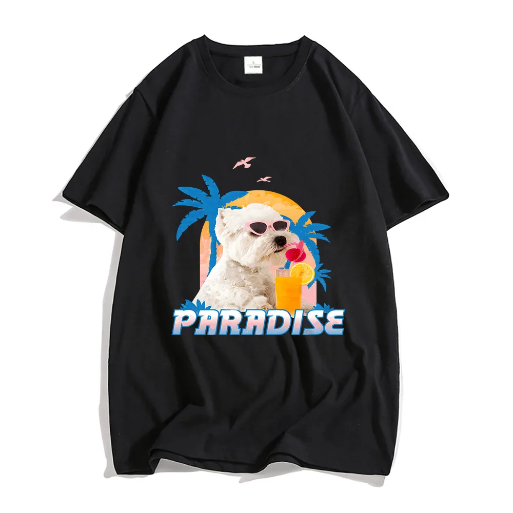 Paradise T Shirts MEN Maltese Dog Drink Orange Juice T-shirts 100% Cotton High Quality Tshirts Four Seasons Streetwear Aesthetic