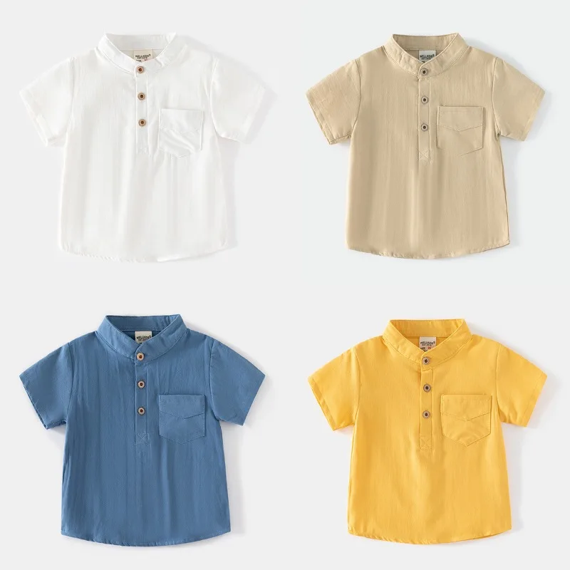 

Casual Cotton Linen Boys Shirt Summer Short Sleeve Kid Wear Stand Collar Blouse Tops Breathable Skin-friendly Children Clothing