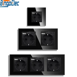 USB Wall Socket EU Power Plug Type-C Charger Plug Wall Outlet 16A 3100mA Electrical Sockets AC110-250V Black Crystal Glass
