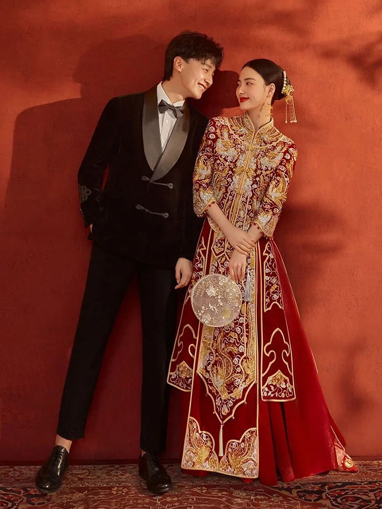 

Yourqipao Red Velvet Xiuhe Clothing 2023 New Bride Chinese Wedding Dresses Ancient Bridal Toast Dress Women Hanfu Wedding Gowns