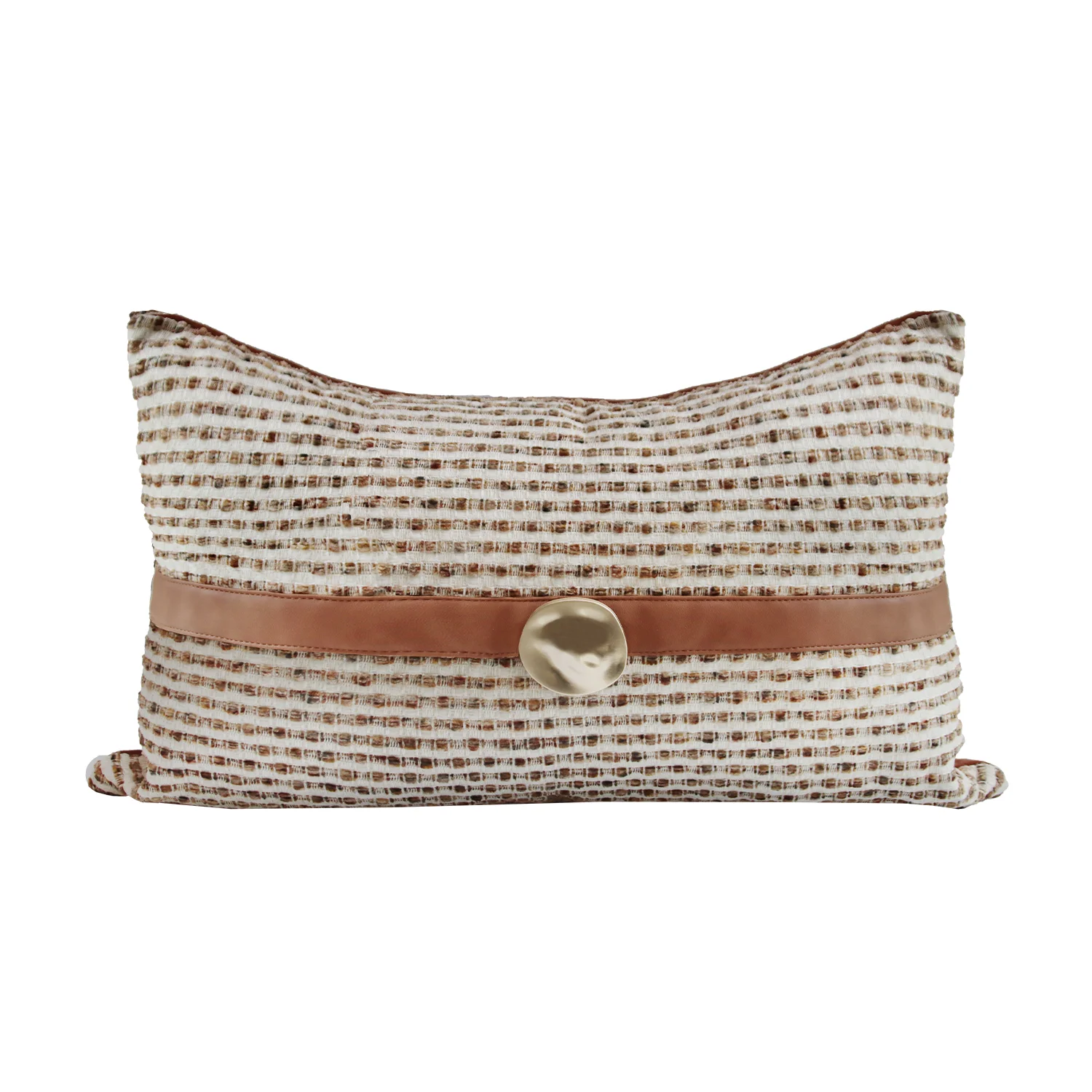 RUIYI Mid Century Vintage Lumbar Pillow Cover Heather White Brown Rough Tweed Fabric With Decorative Metal Buckle 50x30cm