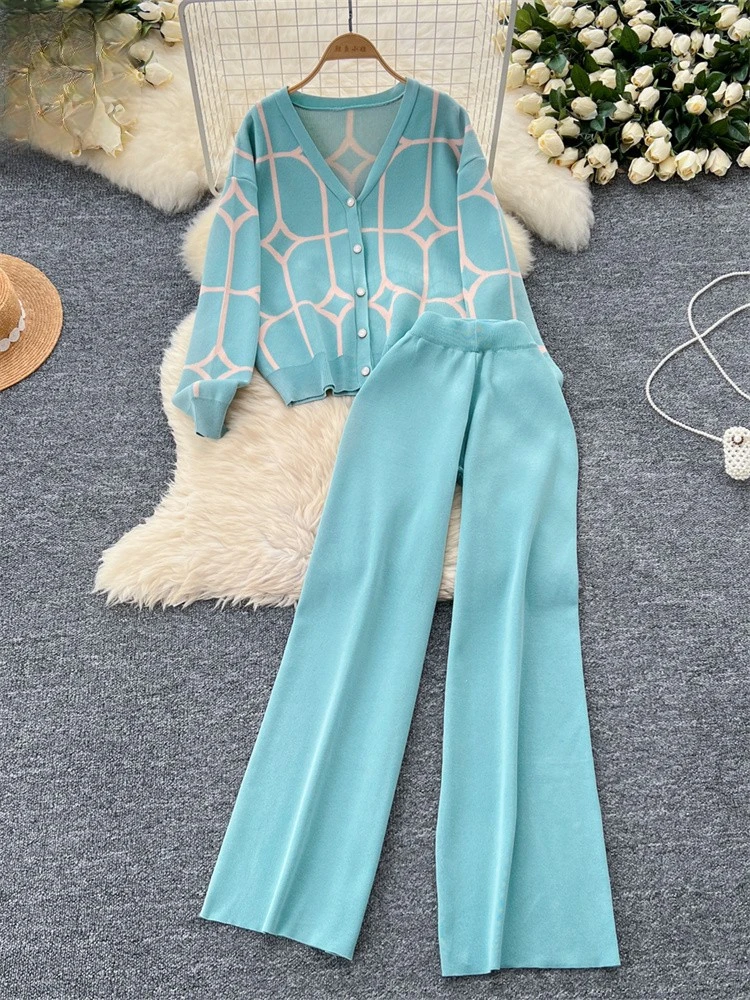 Basics Print Knit Two Pieces Sets Autumn Winter Single Breasted Cardigan+Wide Leg Long Pants Fashion Streetwear Suits