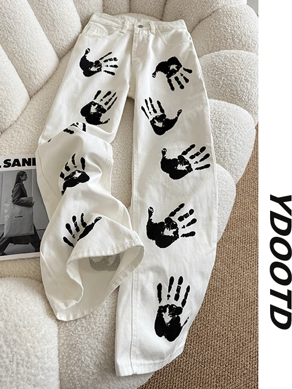 

Premium Feel Cool Haome Palm Print White Denim Jeans Men's American High Street Straight Leg Summer Thin Casual Trousers