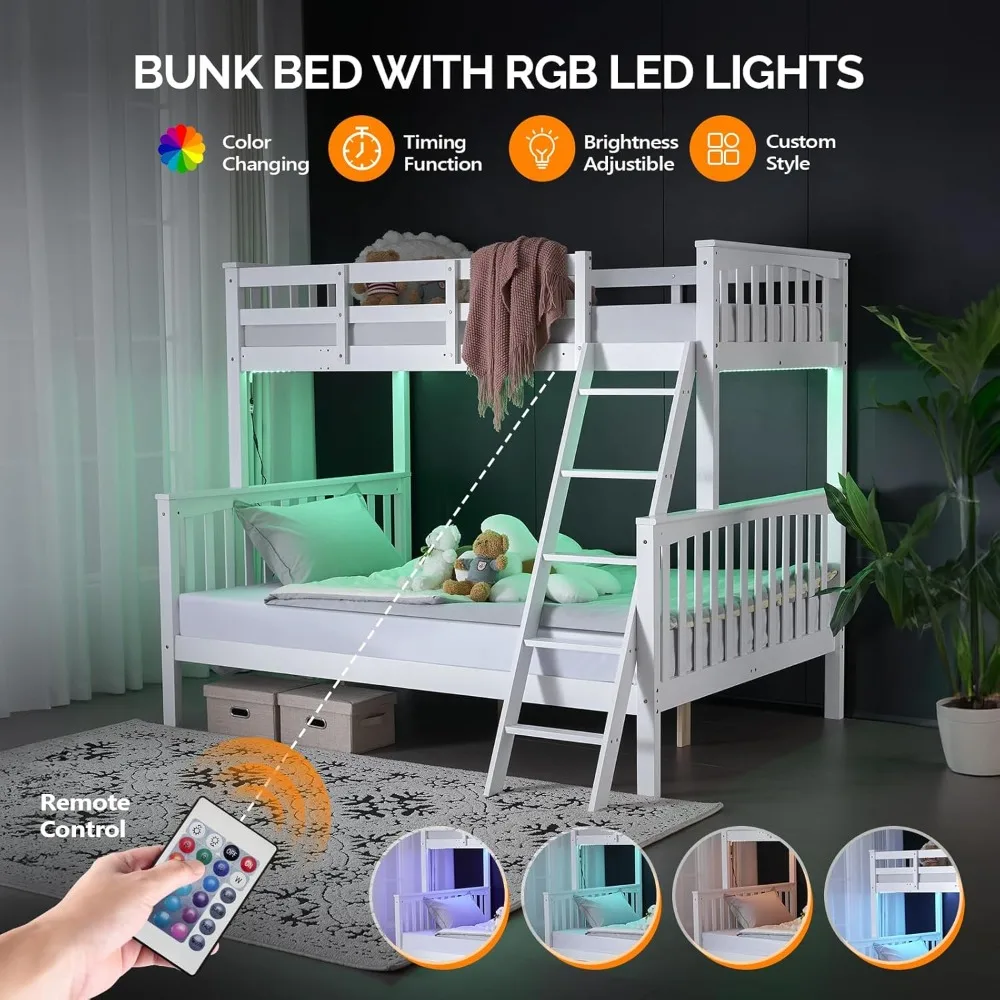Łóżko piętrowe Vingli Twin over Full z 38 cm wysokim barierką, oświetleniem LED i stacją ładującą - konwertowalny design z litego drewna.