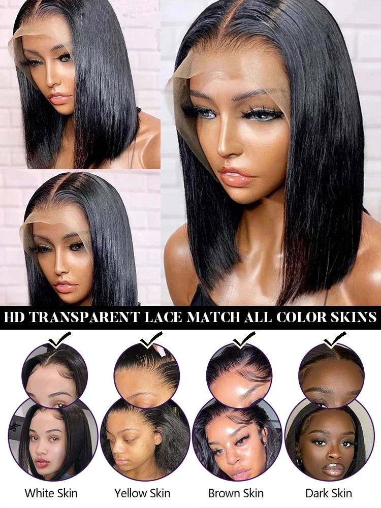 Perruque Bob Lace Front Wig brésilienne naturelle, cheveux lisses, 13x4, pre-plucked, avec baby hair, pour femmes africaines