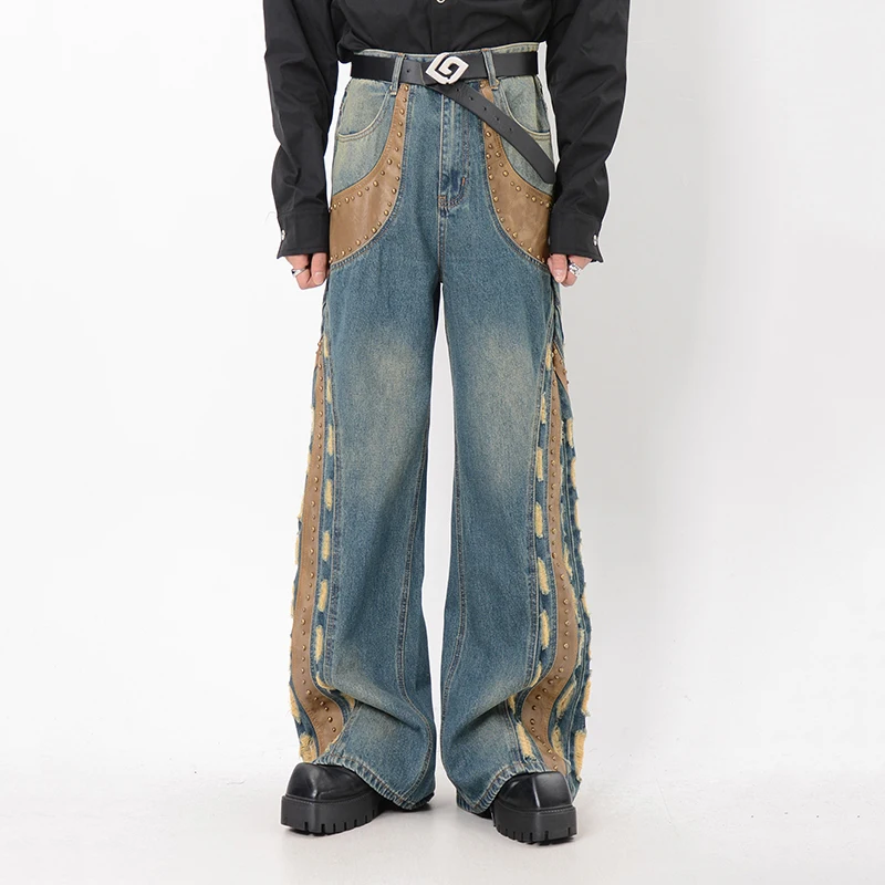 FEWQ Splicing PU Leather Metal Nail Design Jeans Loose Wide Leg Pants 2025 Vintage Korea Fashion Male Trousers 24E6107