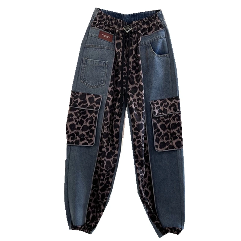 Imagem -04 - Jeans de Emenda com Estampa Leopardo Feminino com Elástico na Cintura Patchwork Streetwear Calças de Perna Reta Moda Nova