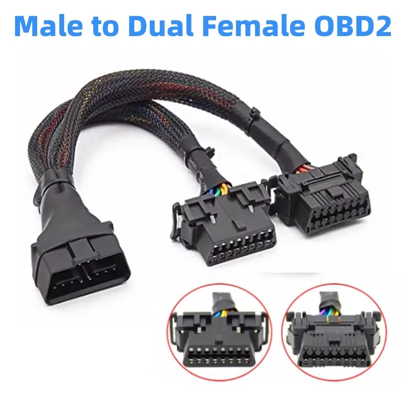 30CM OBD2 Male to Dual Female Elbow Extension Cable with 16pins Available to Converted Connected 12 IN 1 Converted Plug for Kia