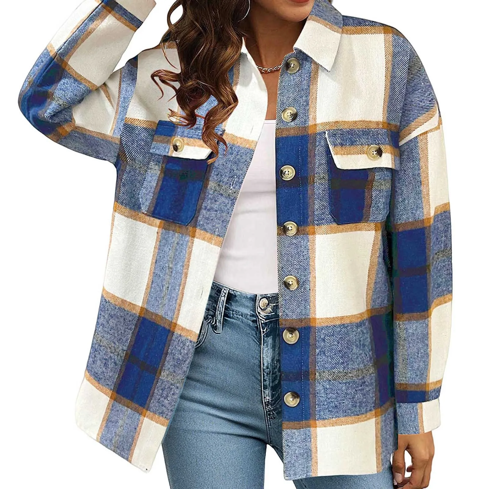 Retro Women Plaid Shacket Jacket Double Pocket Design Autumn Winter Plaid Shirt Jacket Long Sleeve Lapel Collar Button Coats