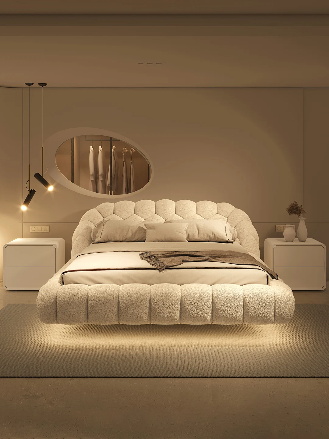 Luxury suspended bed master bedroom high-end atmospheric cream puff bed technology matte cloth lamb cashmere tatami bed