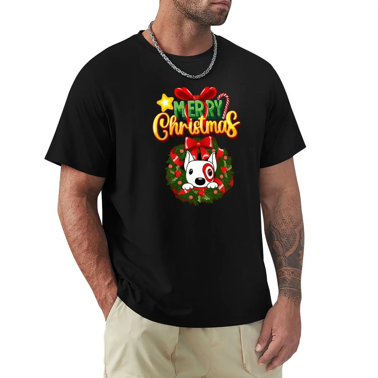 Merry Christmas Bullseye Dog Team Member T-Shirt Casual Streetwear Short Sleeve Tee