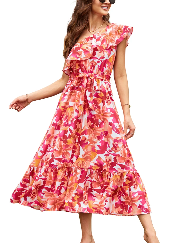 2025 verão novo vestido de ombro sem mangas feminino estilo boêmio cintura elástica plissado camadas torcidas