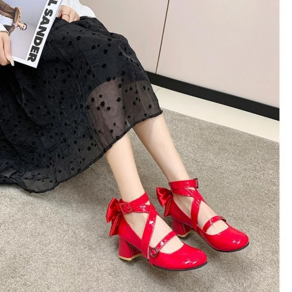 Anime Puella Magi Madoka Magica Kaname Madoka Cosplay Shoes Girls Lolita Red Bow High Heels Leather Boots