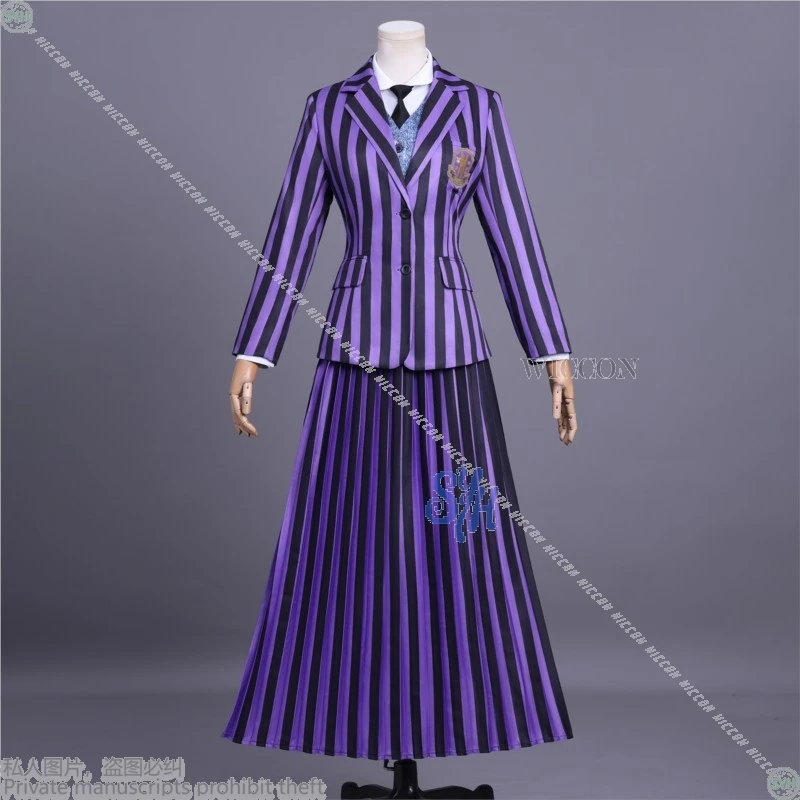 Never More Agnes-Disfraz de Cosplay, uniforme escolar gótico, abrigo de rayas negras y moradas, Lolita, Halloween y Navidad