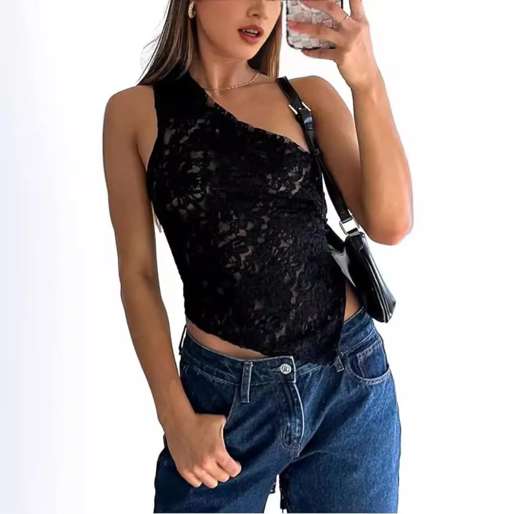

Women's Sexy Lace Camisole Cropped Top Sleeveless Backless Fine Mesh Vest Outgoing Perspective Design