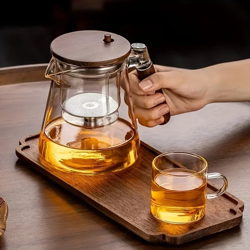

1 шт. стеклянный чайник с двусторонней деревянной ручкой, устойчивый к высоким температурам чайник с фильтром, чайный сервиз кунг-фу, идеально подходит для домашнего офиса